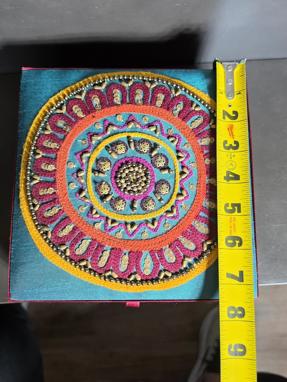Jewelry Box With Mirror Beaded Fabric Covered Handmade In India Teal & Pink